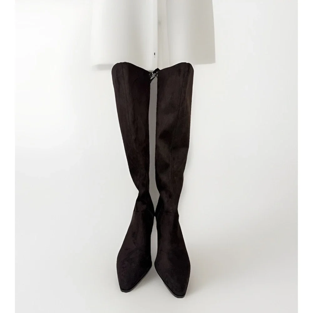 DKNY Salem Boots Dark Brown Witchy Pointed‎ Toe Knee High Chunky Heeled Boots 10